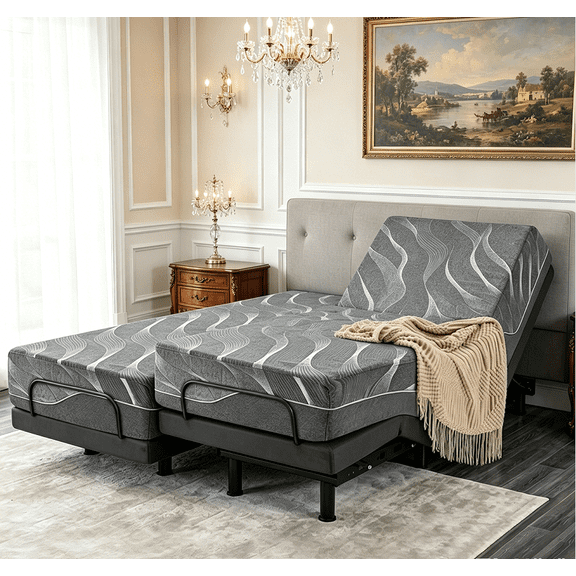 Split King Adjustable Bed Frame with 12 Inch Gel Memory Foam Mattress, Wireless Remote, Head & Foot Incline, Zero Gravity, Anti-Snore, Massage, USB Ports, Smart Electric Bed Base