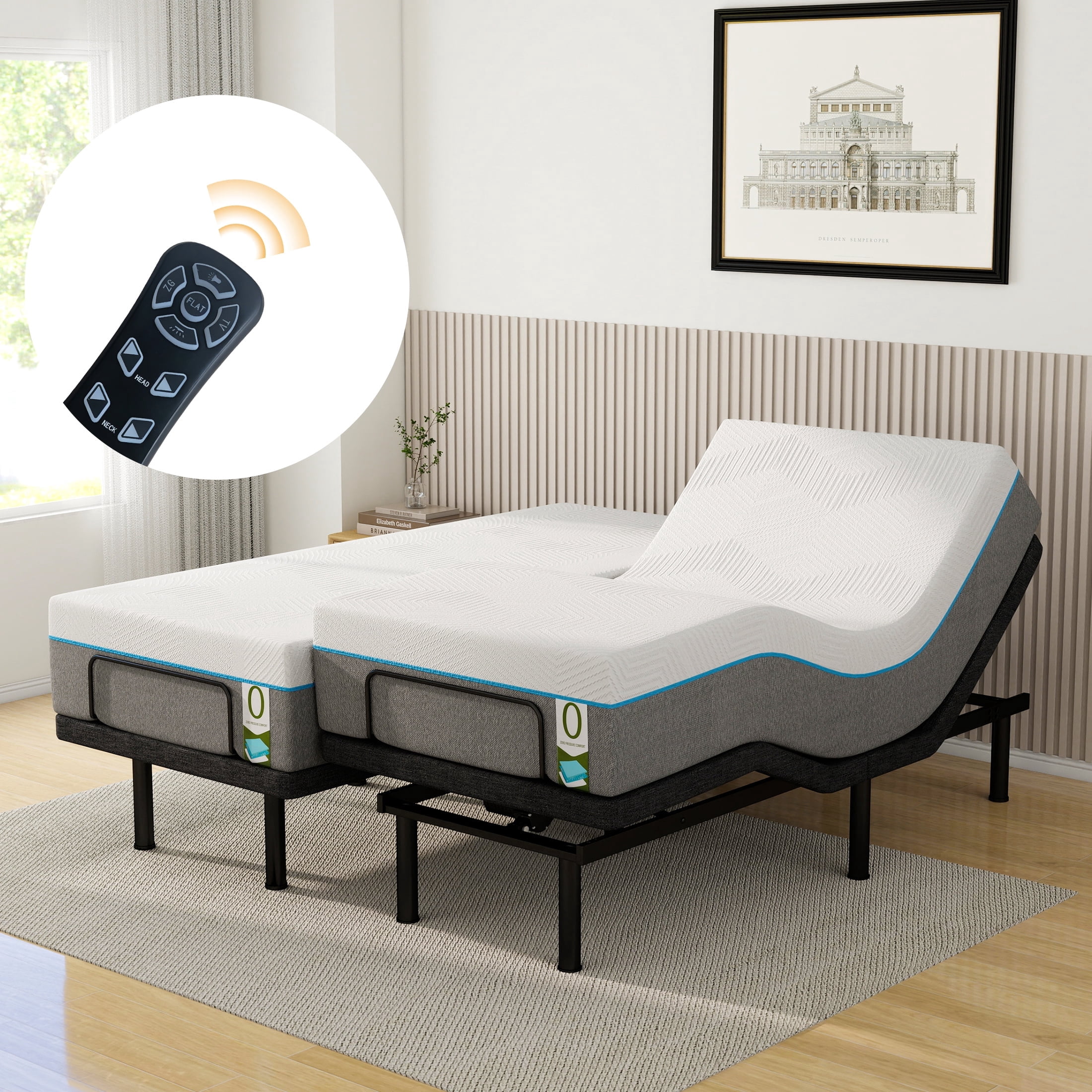 Split King Adjustable Bed Frame with 12" Memory Foam Mattress ...