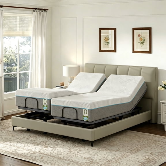 Split King Adjustable Bed Frame with 12" White Gel Memory Foam Mattress, Electric Bed Base with Massage, Wireless Remote, Head & Foot Incline, Zero Gravity, USB Ports, Under-Bed LED Light