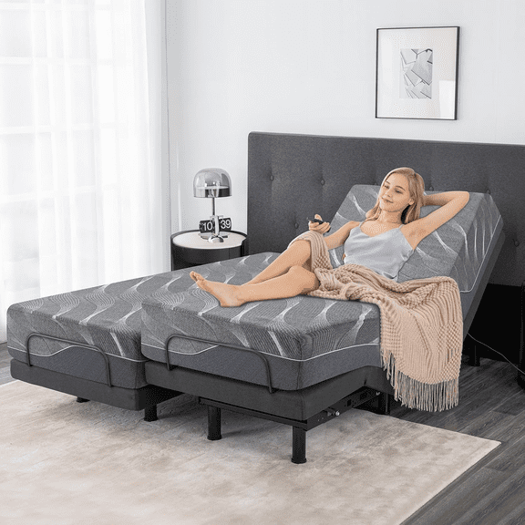 Split King Adjustable Bed Frame with 14 Inch Gel Memory Foam Mattress, Smart Electric Bed Base with Wireless Remote, Head & Foot Incline, Zero Gravity, Anti-Snore, Massage, USB Ports