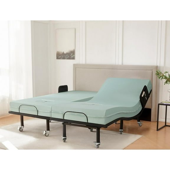 Split King Adjustable Bed Frame with Bed Rails for Elderly Adults - Adjustable Bed with Mattress - 6" Convoluted Mattress, Wireless Remote, Under-Bed Light, USB Ports, Brake Wheel Legs Zero Gravity E