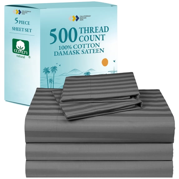 Split King Sheet Set for Adjustable Bed - Grey Color, 500 Thread Count 100% Real Cotton, Striped 5 Piece Set, Damask Sateen Weave, Elasticized Deep Pocket for Snug Fit
