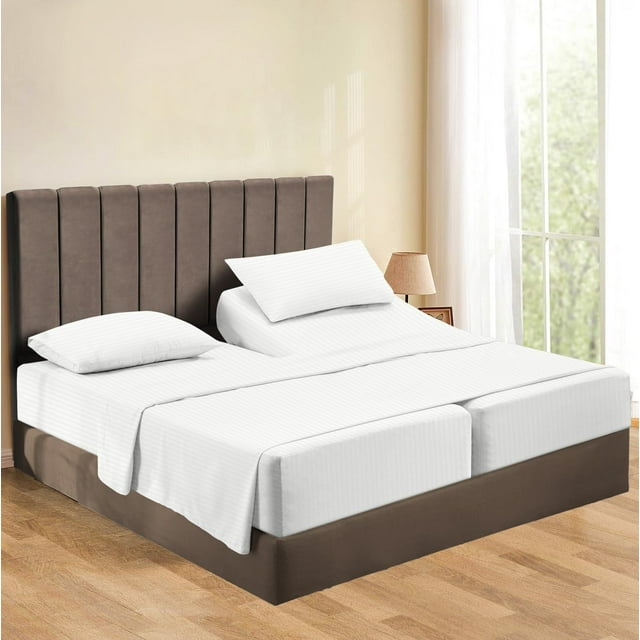 Split King Sheets Sets for Adjustable Bed Cotton, Luxury Sheets 100% Egyptian Cotton - 500 TC - Designed for Split Bed, Fit ( 10-12" Inch Deep Pockets ) ( Split-King ) White Stripe