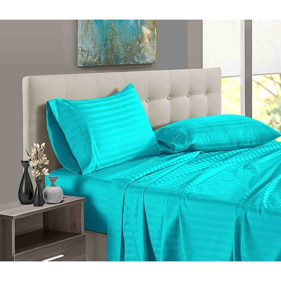 Split King Sheets Sets for Adjustable Bed Cotton-Split King Sheets Deep Pockets 600 Threadcount-5 Pcs-Split King Sheets for Adjustable Bed Twin XL, 15-18 Inch Deep Sheet (Turquoise Stripe)