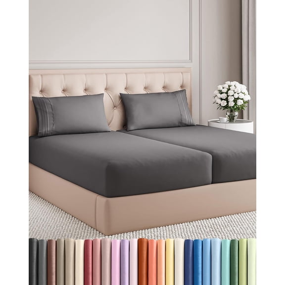 Split King Size 5 Piece Sheet Set Deep Pockets Dark Grey