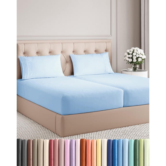 Split King Size 5 Piece Sheet Set in Baby Blue with Deep Pockets