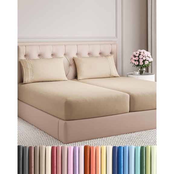 Split King Size 5 Piece Sheet Set in Cream with Deep Pockets
