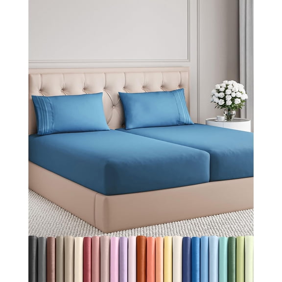 Split King Size 5 Piece Sheet Set in Denim Blue with Deep Pockets