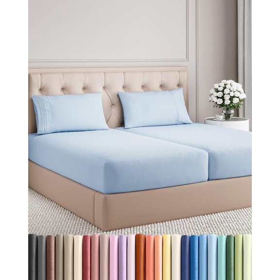 Split King Size 5 Piece Sheet Set in Sky Blue with Deep Pockets