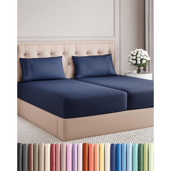 Split King Size 5 Piece Sheet Set with Deep Pockets Navy Blue