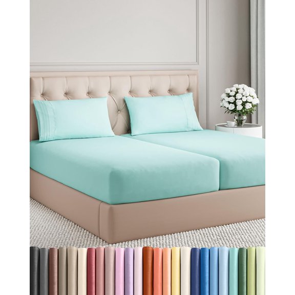 Split King Size 5 Piece Sheet Set with Deep Pockets Spa Blue