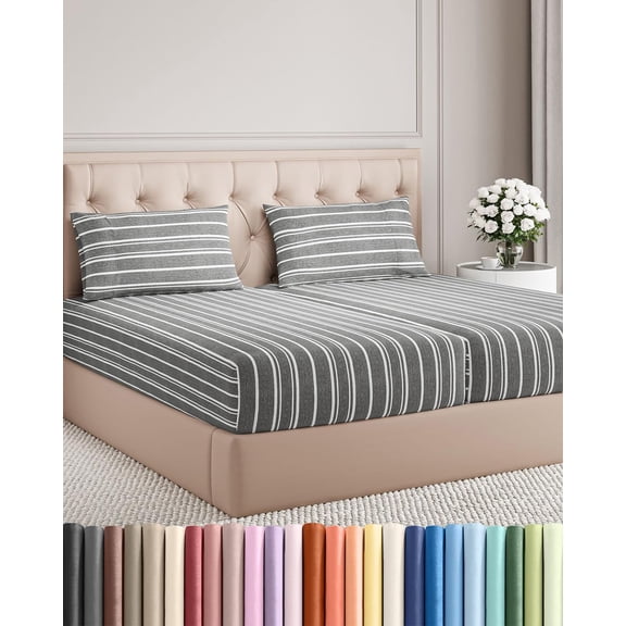 Split King Size 5 Piece Sheet Set with Deep Pockets in Grey Stripes
