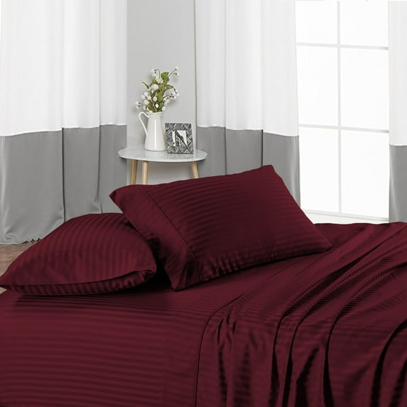 Split King Size 600 Thread Count Luxury Extrasoft 100% Egyptian Cotton 4 Piece Sheets Set in Hotel Quality Wine Stripe