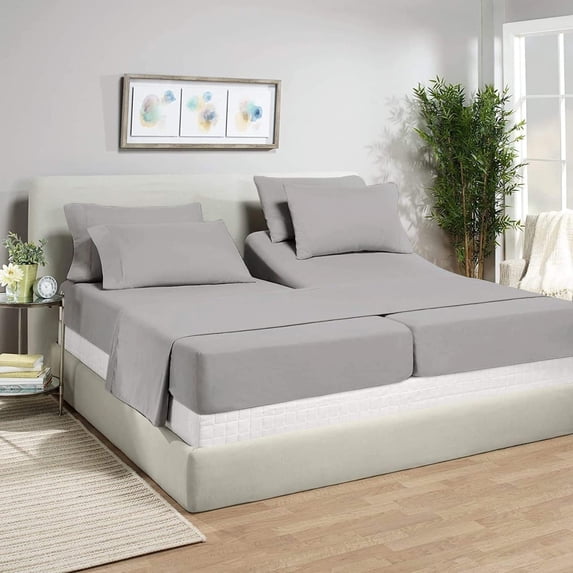 Split King Size - Microfiber Fabric 5 Piece Split King Sheet Set - 15" Inch Deep Pocket Adjustable Bed Sheets, Silver Solid