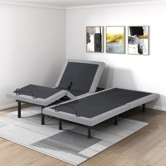 Split King Size Power Adjustable Bed Frame with Massage, Charging Ports, and LED Light-Gray