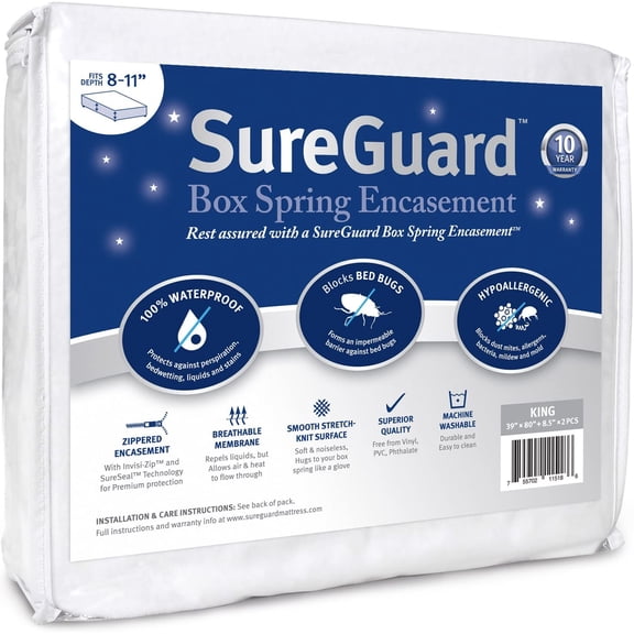 Split King Size SureGuard Box Spring Encasement Pack - 100% Waterproof, Bed Bug Proof, Hypoallergenic - Premium Zippered Six-Sided Covers