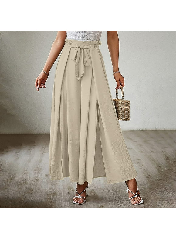 Split Leg Pants, Culottes for Women, flowy pants, Baggy Pants Women, Womens Linen Pants, Women's Tie Front High Waist Side Split Slit Flowy Wide Leg Pleated Pant with Belt, Beige, L