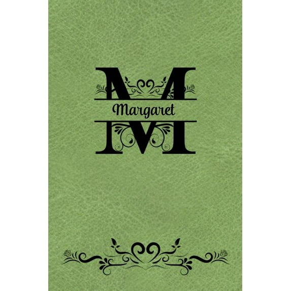 Split Letter Personalized Journal - Margaret: Elegant Flourish Capital Letter on Spring Green Leather Look Background