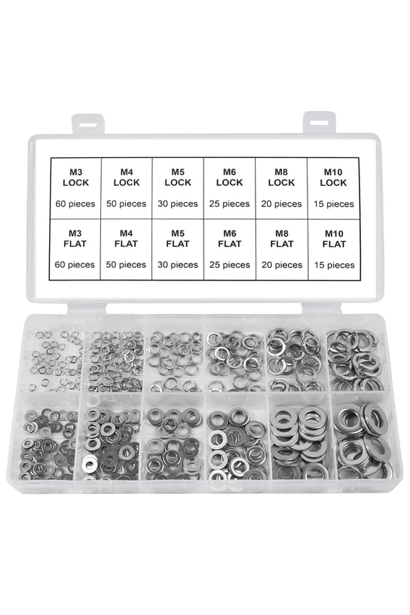 Split Lock and Flat Washer Assortment Set 304 Stainless Steel 400 Piece Silver, M3 M4 M5 M6 M8 M10