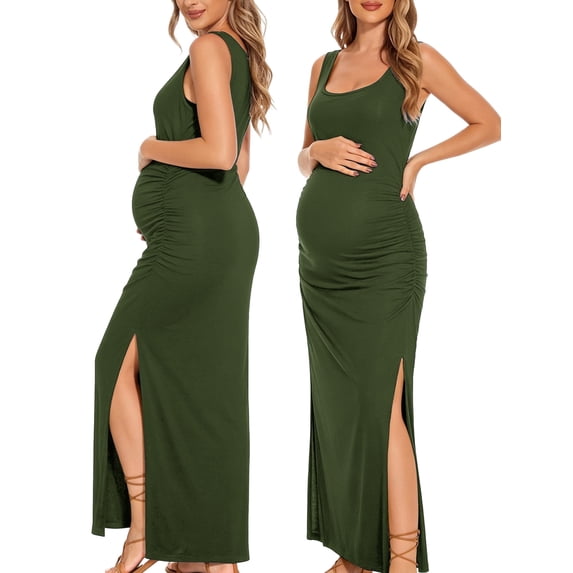 Split Maternity Dress Sleeveless Long Pregnancy Dress Ruched Maternity Clothes for Women