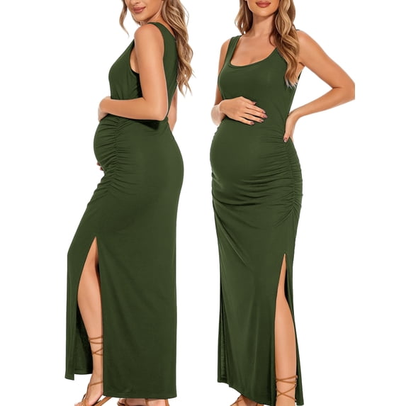 Split Maternity Dress Sleeveless Long Pregnancy Dress Ruched Maternity Clothes for Women