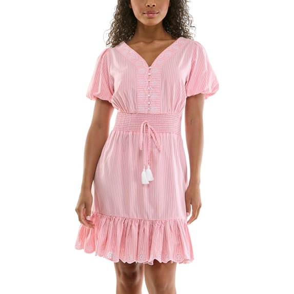 Split Neck Embroidered Poplin Dress