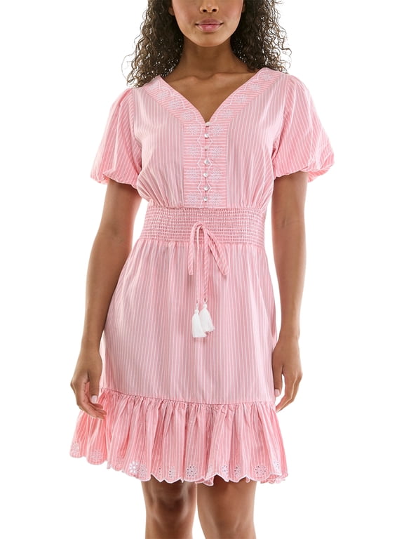Split Neck Embroidered Poplin Dress