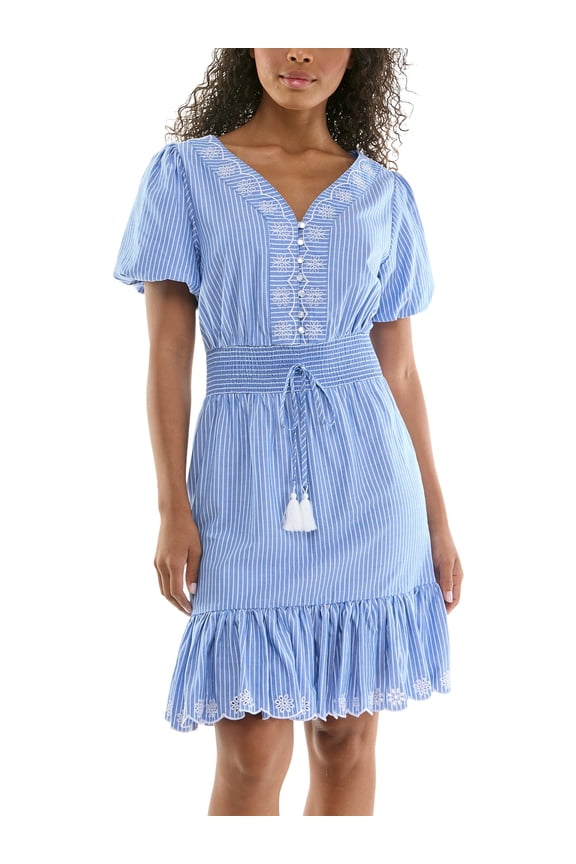 Split Neck Embroidered Poplin Dress