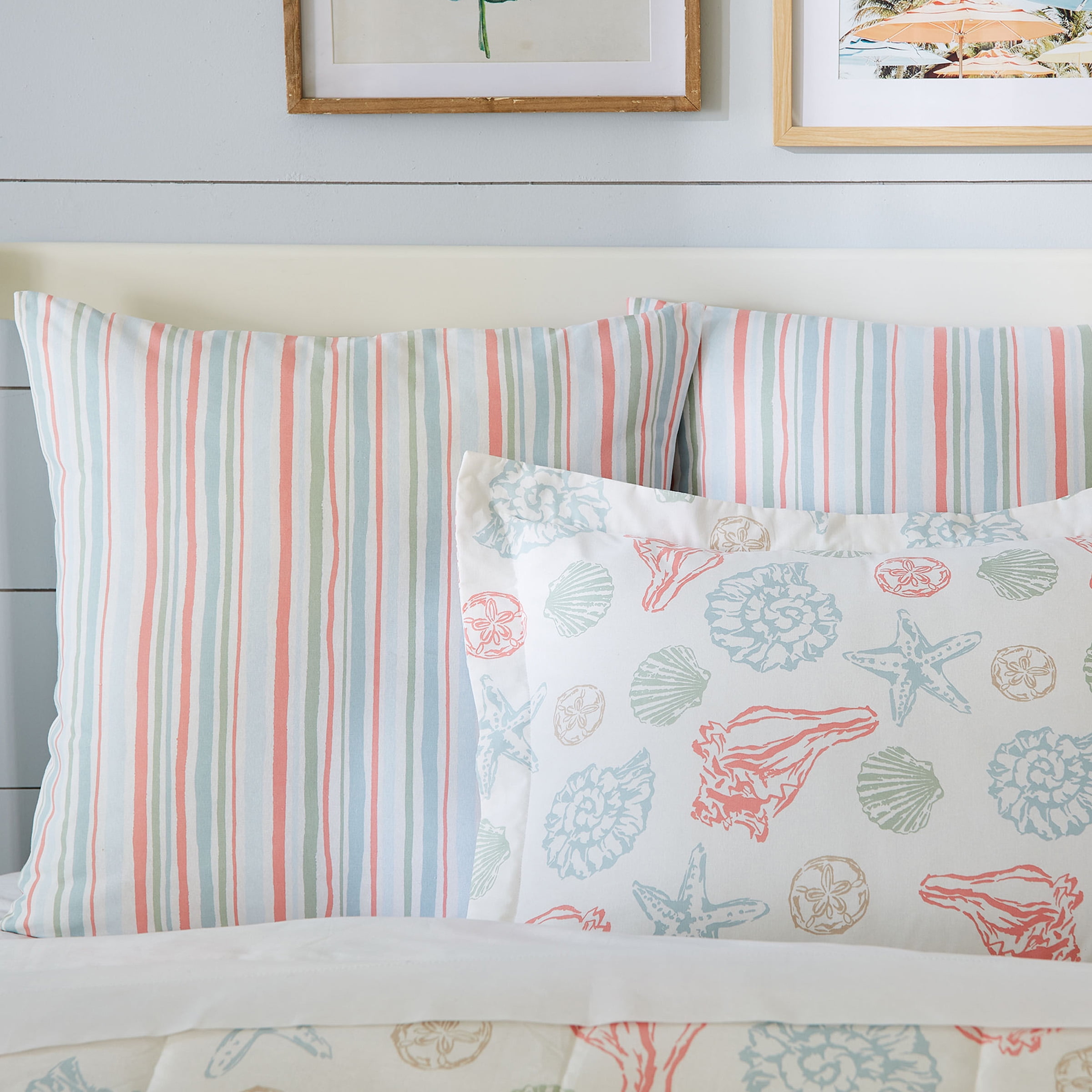 Beachcomber King Sham with Coral and Seashell Print