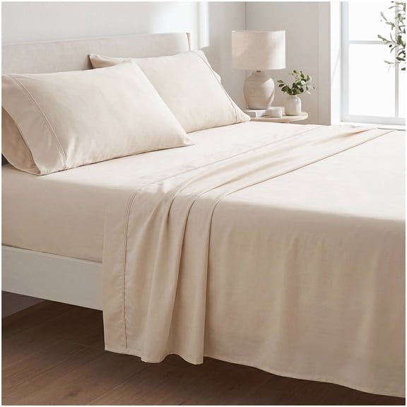 Split Queen 5-Piece Bamboo Sheet Set, Cream, Modern Style for Bedroom