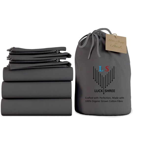 Split Queen 5-Piece Pure Organic Cotton Bed Sheets Set, 700-Thread-Count, 15 inch Deep Pockets - Dark Grey