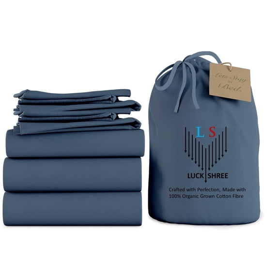 Split Queen 5-Piece Pure Organic Cotton Bed Sheets Set, 800-Thread-Count, 21 inch Deep Pockets - Mediterranean Blue