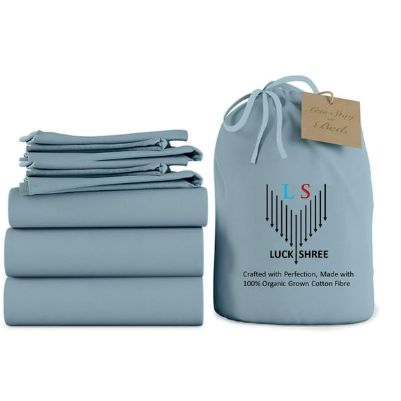 Split Queen 5-Piece Pure Organic Cotton Bed Sheets Set, 800-Thread-Count, 28 inch Deep Pockets - Light Blue