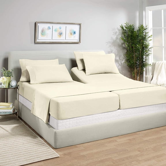 Split-Queen Bed Sheet Set (5-Pieces) Adjustable Bed Sheets - 800 Thread Count 100% Egyptian Cotton - 12" Deep Pocket of Fitted Sheet -(Split Queen, Ivory Solid)