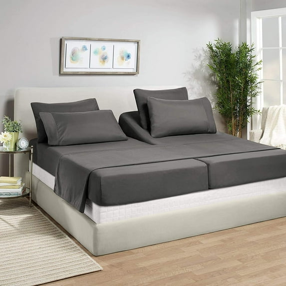 Split-Queen Bed Sheet Set (5-Pieces) Adjustable Bed Sheets - 800 Thread Count 100% Egyptian Cotton - 15" Deep Pocket of Fitted Sheet -(Split Queen, Dark Grey Solid)