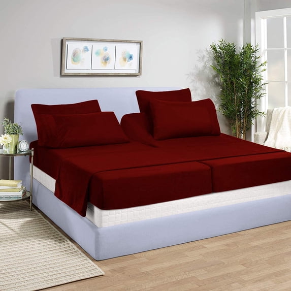 Split Queen Bed Sheet Set 5Pcs Adjustable Bed Sheets - 12" Deep Pocket of Fitted Sheet 800 Thread Count 100% Pure Egyptian Cotton - (Split Queen, Burgundy Solid)