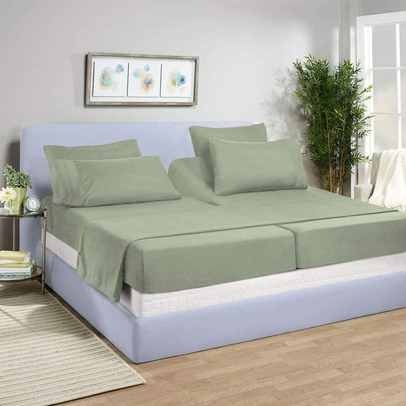 Split Queen Bed Sheet Set 5Pcs Adjustable Bed Sheets - 12" Deep Pocket of Fitted Sheet 800 Thread Count 100% Pure Egyptian Cotton - (Split Queen, Sage Solid)