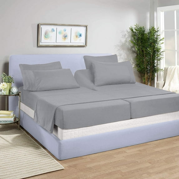 Split Queen Bed Sheet Set 5Pcs Adjustable Bed Sheets - 12" Deep Pocket of Fitted Sheet 800 Thread Count 100% Pure Egyptian Cotton - (Split Queen, Silver Solid)