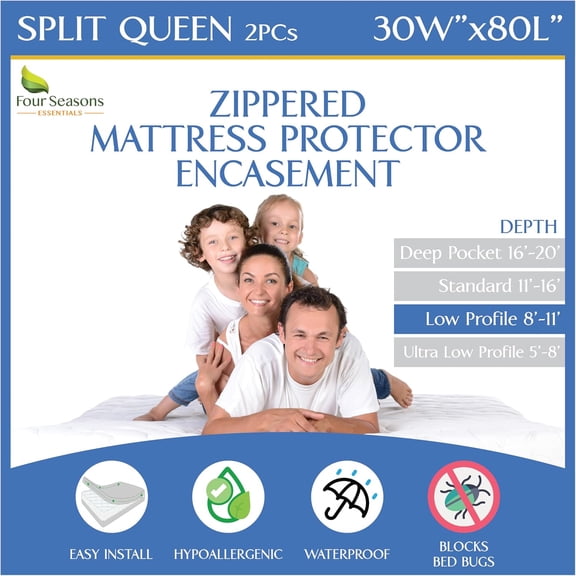 Split Queen Mattress and Box Spring Encasement Set 30 x 80 Inches Waterproof Zippered Hypoallergenic Breathable Cover 8 to 11 Inch Depth