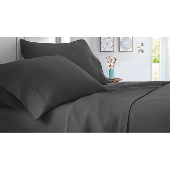 Split Queen Size Giza Cotton Sheet Set Solid - 4 Piece - Hotel Luxury Bed Sheets- 24" Deep Pockets Easy Fit - Breathable & Cooling Sheets ( Dark Gray )