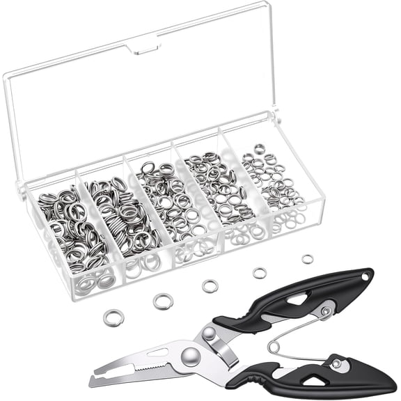 Split Rings and Split Ring Pliers, 250 Pcs Stainless Steel Fishing Split-Rings Fishing Line Cutting Ring, withstanding Large tensile Force for Freshwater Saltwater Fishings Lure Connectors, 5 Sizes