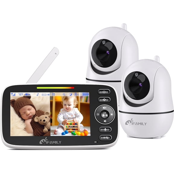 Split Screen Baby Monitor, Large Display Video Baby Monitor with 2 Cameras and Audio, Long Range, Remote pan tilt, Night Vision, Temperature Sensor, 2 Way Talk, Feeding Clock and lullabies.