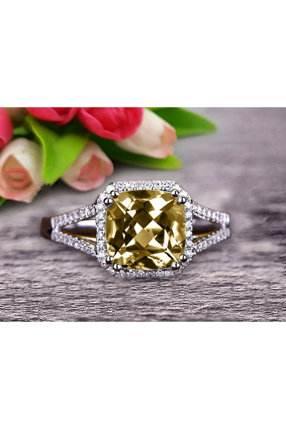 Split Shank 7mm Cushion Cut 10k White Gold 2.05 Carat Champagne Diamond Moissanite Engagement Ring Anniversary Ring HALO