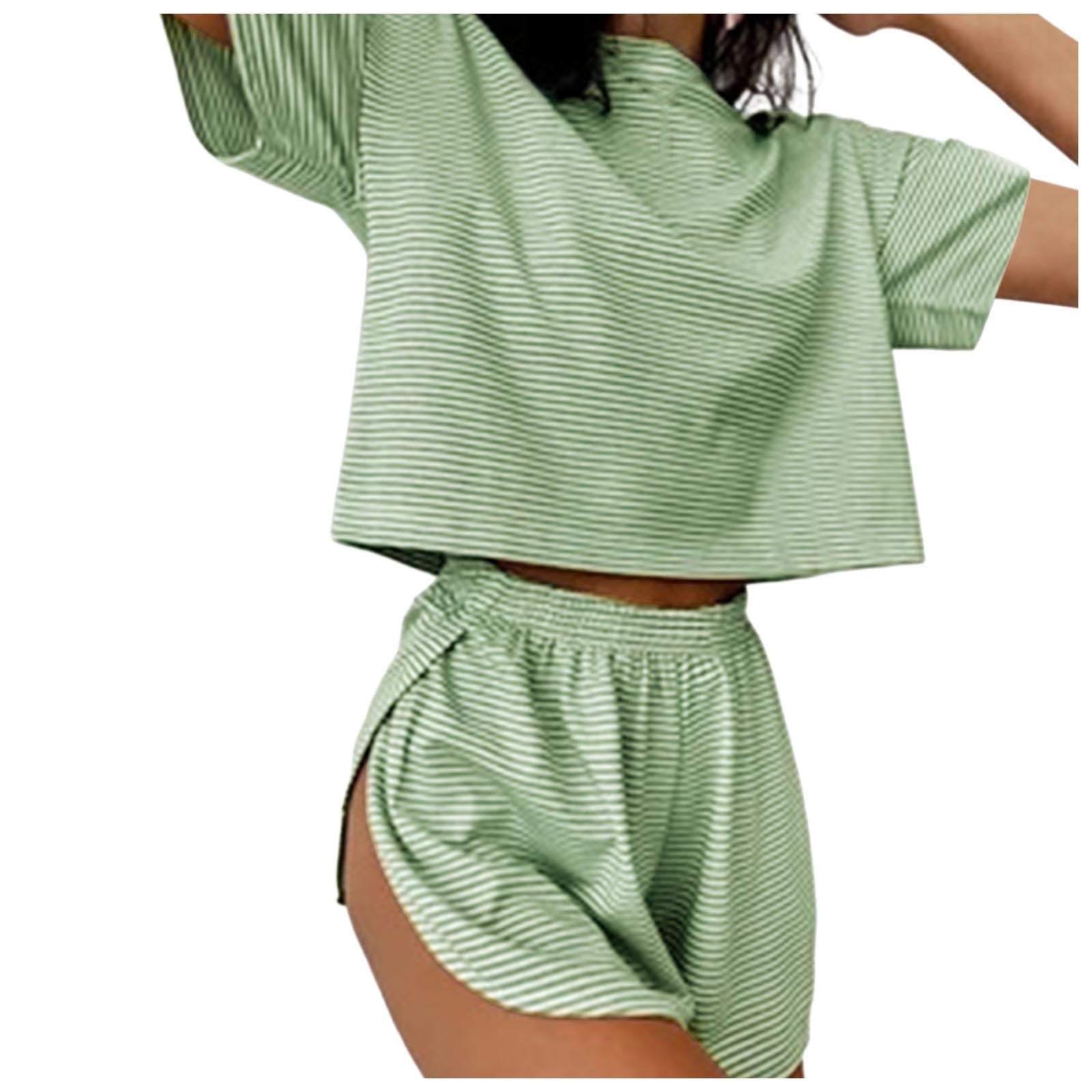Split Short Pajama Set, Sereluxe Pajama Set, Women's Striped Pajama Shorts Set - Loose Short Sleeve LoungeWear & Home Outfit,Size M