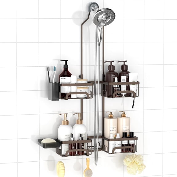Split Shower Caddy Hanging for Handheld Showerheads, Bronze | Adjustable Shower Organizer, Rustproof, 16 Hooks, Soap Holder, 40lbs Capacity, Anti-Slip, Tool-Free, Bathroom Accessories