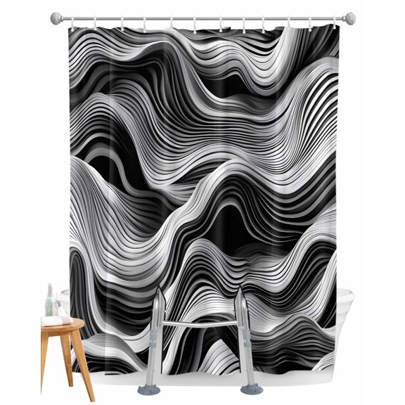 Split Shower Curtain for Transfer Bench, Abstract Waves Fabric Shower Curtains for Bathroom, Black Grey Modern Geometric Striped Tub Sliding Transfer Bench Waterproof Bath Curtains 72"x96"