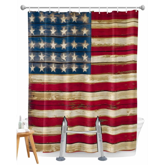 Split Shower Curtain for Transfer Bench, American Flag Vintage Fabric Shower Curtains for Bathroom, Brown Red Stripes US Flag Tub Sliding Transfer Bench Waterproof Bath Curtains 72"x72"