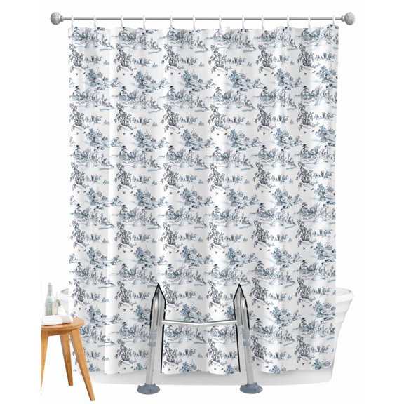 Split Shower Curtain for Transfer Bench, Asian Fabric Shower Curtains for Bathroom, Oriental Chinese Traditional Ink Painting Natural Tub Sliding Transfer Bench Waterproof Bath Curtains 72"x78"