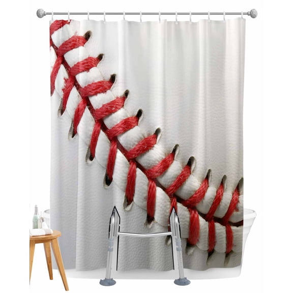 Split Shower Curtain for Transfer Bench, Baseball Fabric Shower Curtains for Bathroom, Red White Texture Sports Ball Minimalist Tub Sliding Transfer Bench Waterproof Bath Curtains 72"x96"