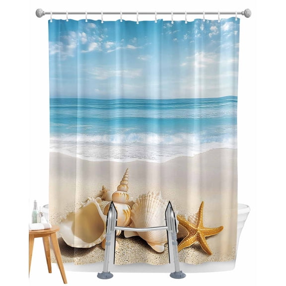 Split Shower Curtain for Transfer Bench, Beach Coastal Fabric Shower Curtains for Bathroom, Summer Nautical Seaside Starfish Shell Tub Sliding Transfer Bench Waterproof Bath Curtains 72"x72"